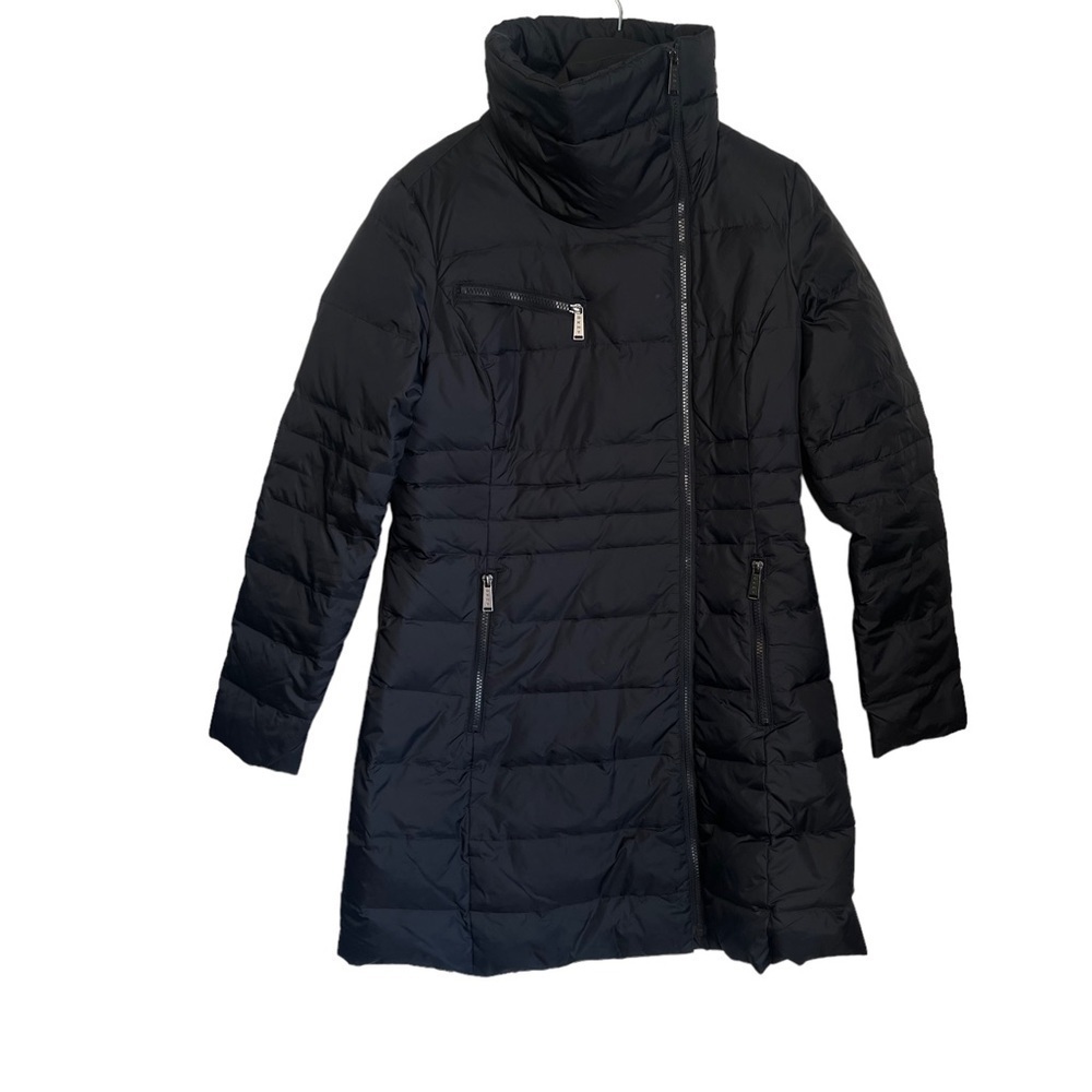 DKNY Black High Collar Black Down Filled Long Puffer Jacket Coat Small